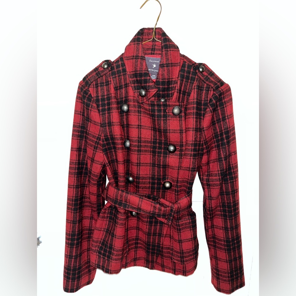 Never worn Forever 21 belted, red and black peacoat!